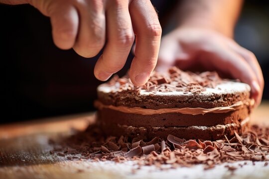 Baker's hands delicately placing chocolate shavings on a mousse cake.