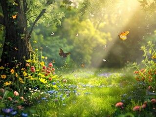 Fototapeta na wymiar Spring meadow with flowers and butterflies. Sunlight in the forest