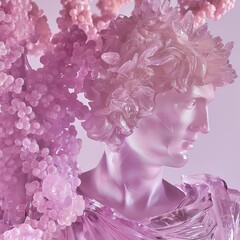3d rendering of a female statue with pink flowers in her hair