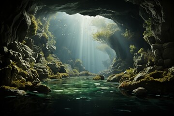 Cave spring illuminating the lush foliage and tranquil waters within this hidden natural sanctuary - obrazy, fototapety, plakaty