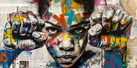 Graffiti, collage of grunge newspapers and multicolored painting, illustration of an African teen with a fighting spirit, a raised fist as a rebel, urban graphic artwork, street art, mixed media