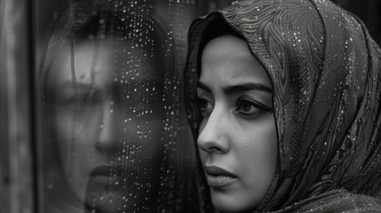 The quiet reflection of a Muslim woman in a sad mood depicted through the authentic lens of documentary realism - obrazy, fototapety, plakaty