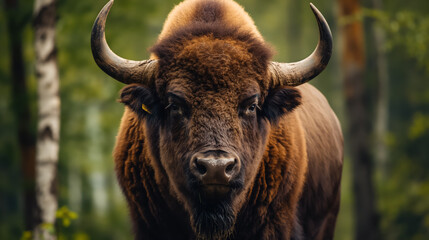 Intense bison staring in the wild forest.