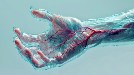Dynamic cyborg arm hand science innovation fantastic skin is glass and veins inside on blue background 