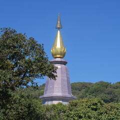 with twin pagodas on Doi Inthanon, the highest mountain in Thailand, on February 4th, 2024 near...