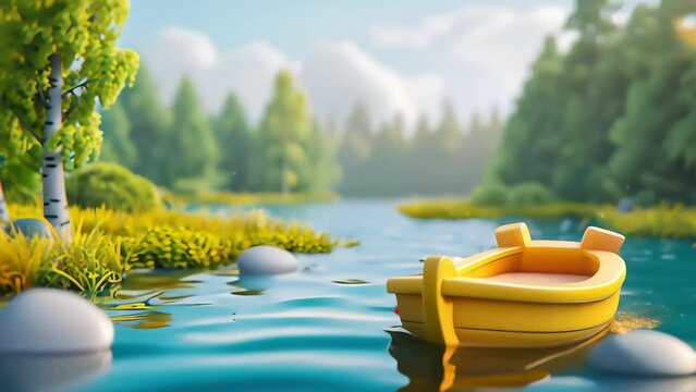 3D illustration of yellow boat on the river