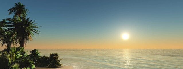 Fototapeta na wymiar Beautiful beach with palm trees at sunset, panorama of a tropical landscape, sea sunset, 3d rendering