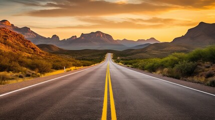 Paved road with yellow stripes in Big Bend National Park during sunset.


