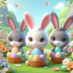 Cartoon style easter rabbits and eggs on a green meadow surrounded by flowers childish