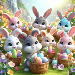 Cartoon style easter rabbits and eggs on a green meadow surrounded by flowers childish