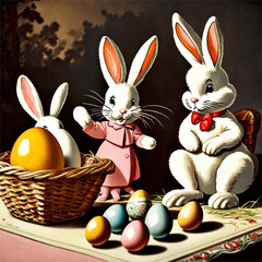 Rabbit and Easter eggs with drawings inspired by the 50s