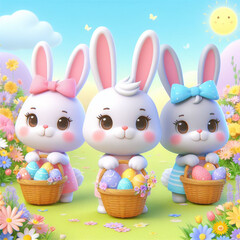 Cartoon style easter rabbits and eggs on a green meadow surrounded by flowers childish