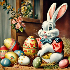 Rabbit and Easter eggs with drawings inspired by the 50s