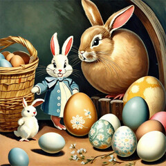 Rabbit and Easter eggs with drawings inspired by the 50s