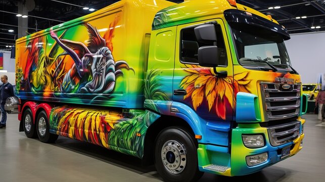 Poznan, Poland, MOTOR SHOW, International Car Fair: Truck with custom beautiful airbrush paintings Jamaican dream theme


