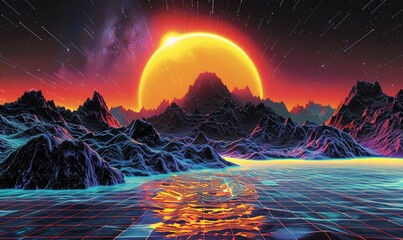 Neon Moonlit Night A Vibrant, Futuristic Scene with a Stunning Sunset Generative AI