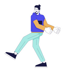 Happy young man dancing 2D linear cartoon character. Caucasian male at discotheque. 80s music party guest isolated line vector person white background. Disco nightclub color flat spot illustration