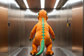 A person wearing an orange dinosaur suit, standing in an elevator going to the top floor corporate building for a fun costume party. Entertainer in dino costume taking lift up to a children's party.