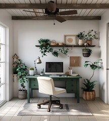 A Cozy Home Office with a Modern Touch A Green Desk, Chair, and Plant-Filled Shelves Generative AI