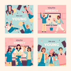 Young people hand drawn cartoon card set