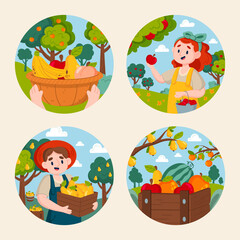 Hand drawn flat fruit harvest mini illustration set with people collecting fruits