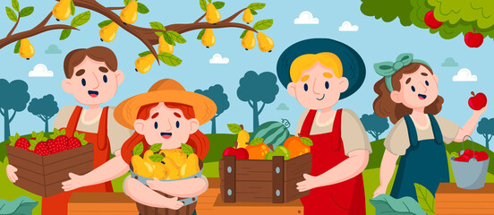 Hand drawn flat fruit harvest composition background with people collecting fruits
