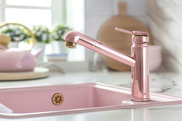 closeup of a chrome pink kitchen faucet in a modern kitchen