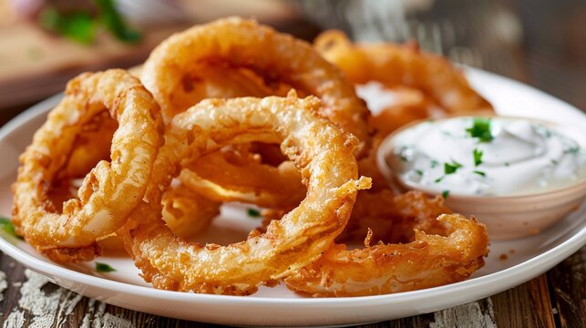 Fried Onion Rings with a Side of Dill Sauce A Delicious and Creative Dish for Your Next Dinner Party Generative AI