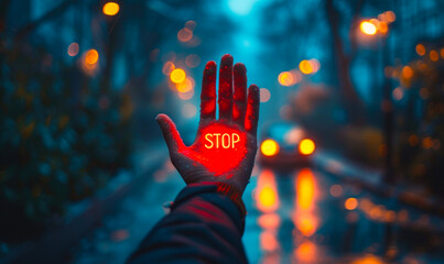 Powerful message of resistance and boundary setting with STOP written on a woman's palm, facing the camera against a blurred background - obrazy, fototapety, plakaty