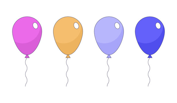 Floating air balloons 2D linear cartoon objects set. Birthday party accessories. Festive decor isolated line vector elements white background. Holiday symbols color flat spot illustration collection