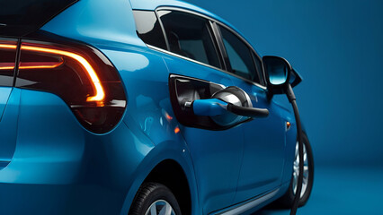 Obraz premium electric car connected to charger on blue.generative.ai
