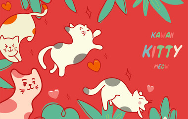 Kawaii Cats vector illustration  Smiling Kitty, cute and round-faced cat