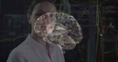 Image of connections and digital brain over caucasian woman in server room