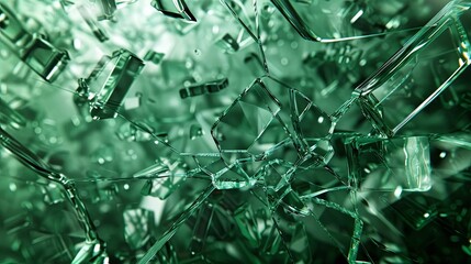 Shattered glass, emerald green background, 3d rendering