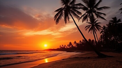 Silhouette of coconut palm and sun lights true trees on beach at sunset, Mirissa, Sri Lanka.


