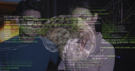Image of data processing and digital brain over diverse workers in server room