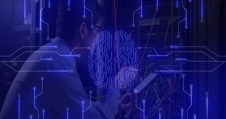 Image of computer circuit board and digital brain over asian man in server room