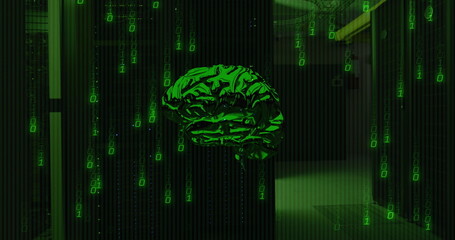 Image of data processing and digital brain over server room