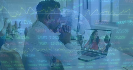 Image of financial data processing over business people in office