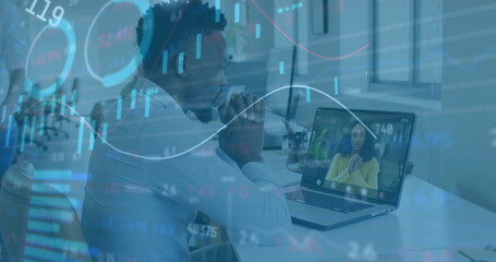 Image of financial data processing over business people working in office