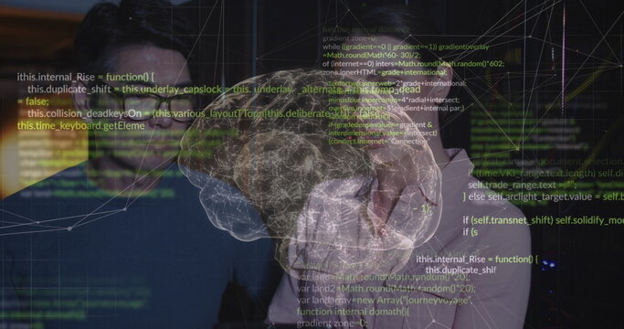 Image of data processing and digital brain over diverse workers in server room