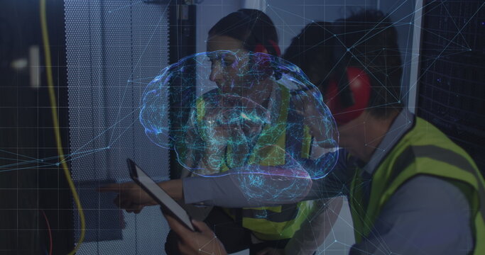 Image of connections and digital brain over diverse workers in server room - Powered by Adobe