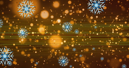 Image of snowflakes over light spots and trails on black background