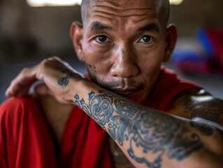 Soft portrait of a Tibetan monk with a tatto - obrazy, fototapety, plakaty