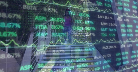 Image of financial data and graphs over african american woman running on stairs