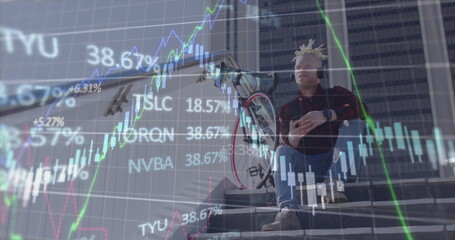 Image of financial data and graphs over african american albino man with bike