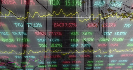 Image of financial data and graphs over cityscape