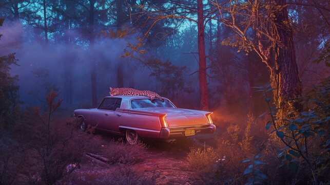 Surreal photo of a old american car with a leopard on the roof in mystical fog forest