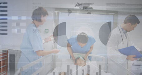 Image of statistics and data processing over business people wearing phone headsets