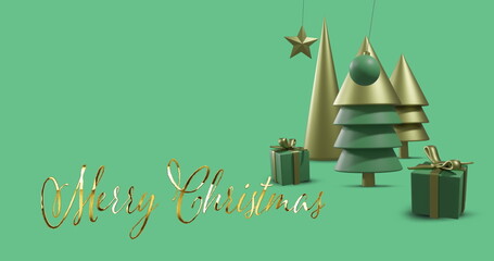 Image of merry christmas text over christmas decorations on green background